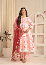 Ivory Blossom Printed Anarkali Set with Red Dupatta