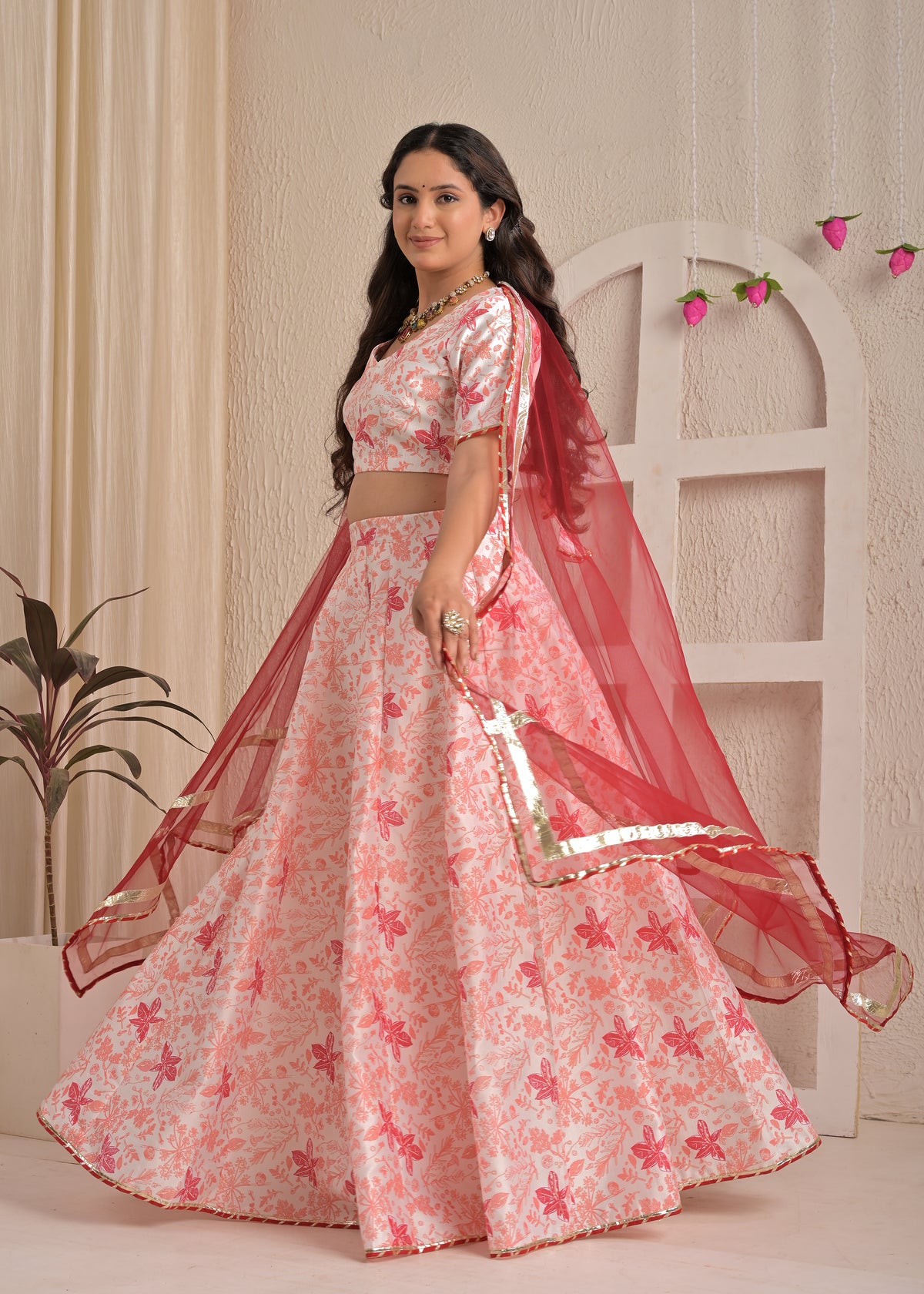 Rose Blush Floral Lehenga Set with Red Net Dupatta
