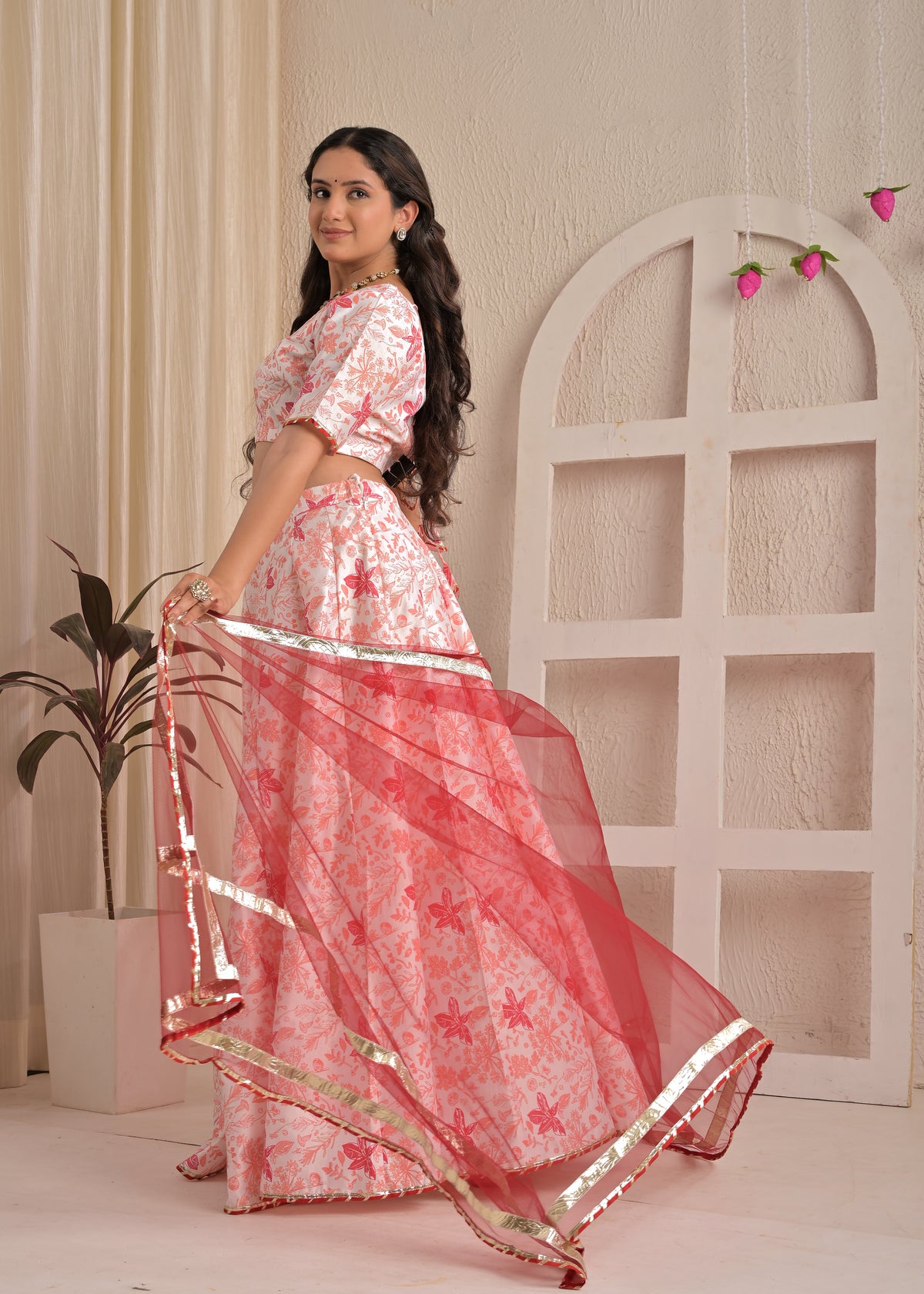 Rose Blush Floral Lehenga Set with Red Net Dupatta