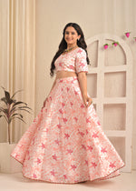 Rose Blush Floral Lehenga Set with Red Net Dupatta