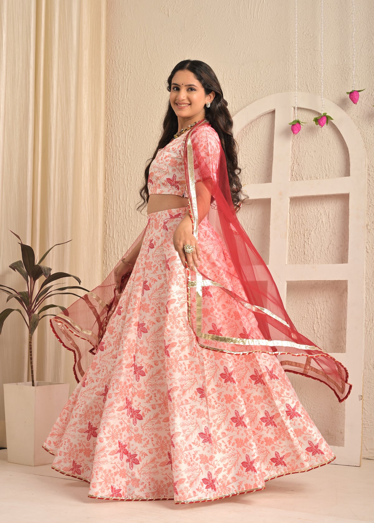 Rose Blush Floral Lehenga Set with Red Net Dupatta