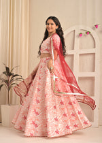 Rose Blush Floral Lehenga Set with Red Net Dupatta