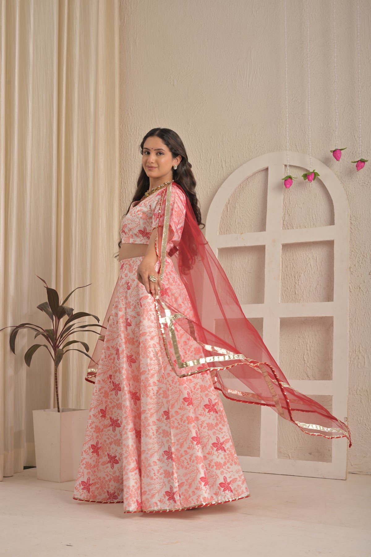 Rose Blush Floral Lehenga Set with Red Net Dupatta