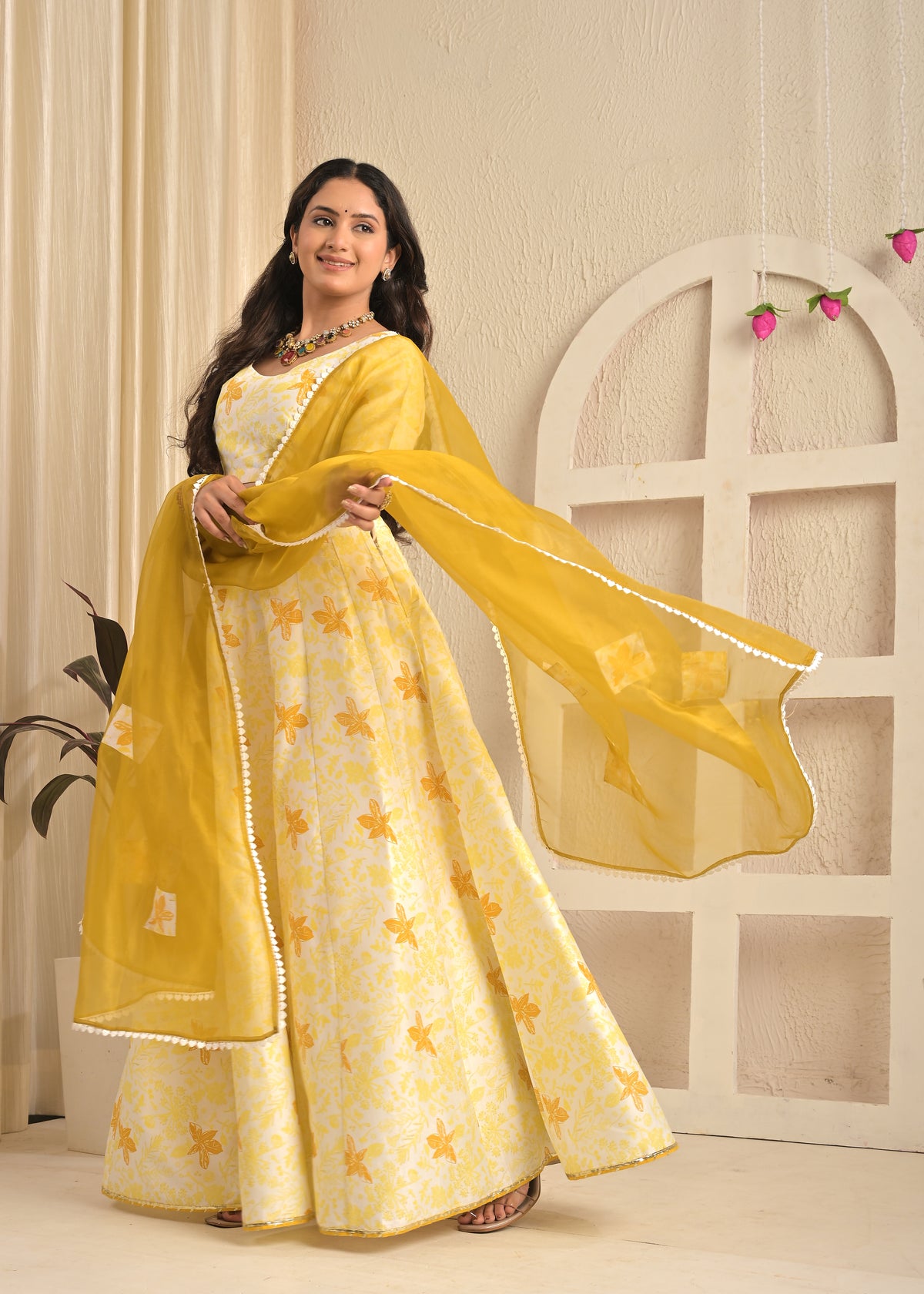 Golden Aura Floral Printed Lehenga Set with Mustard Dupatta