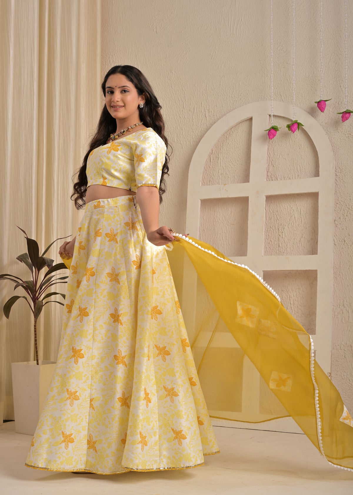 Golden Aura Floral Printed Lehenga Set with Mustard Dupatta
