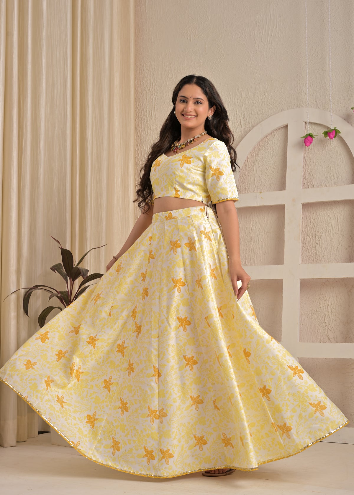 Golden Aura Floral Printed Lehenga Set with Mustard Dupatta