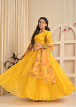 Golden Marigold Organza Sequin Embroidered Lehenga Set with Floral Dupatta
