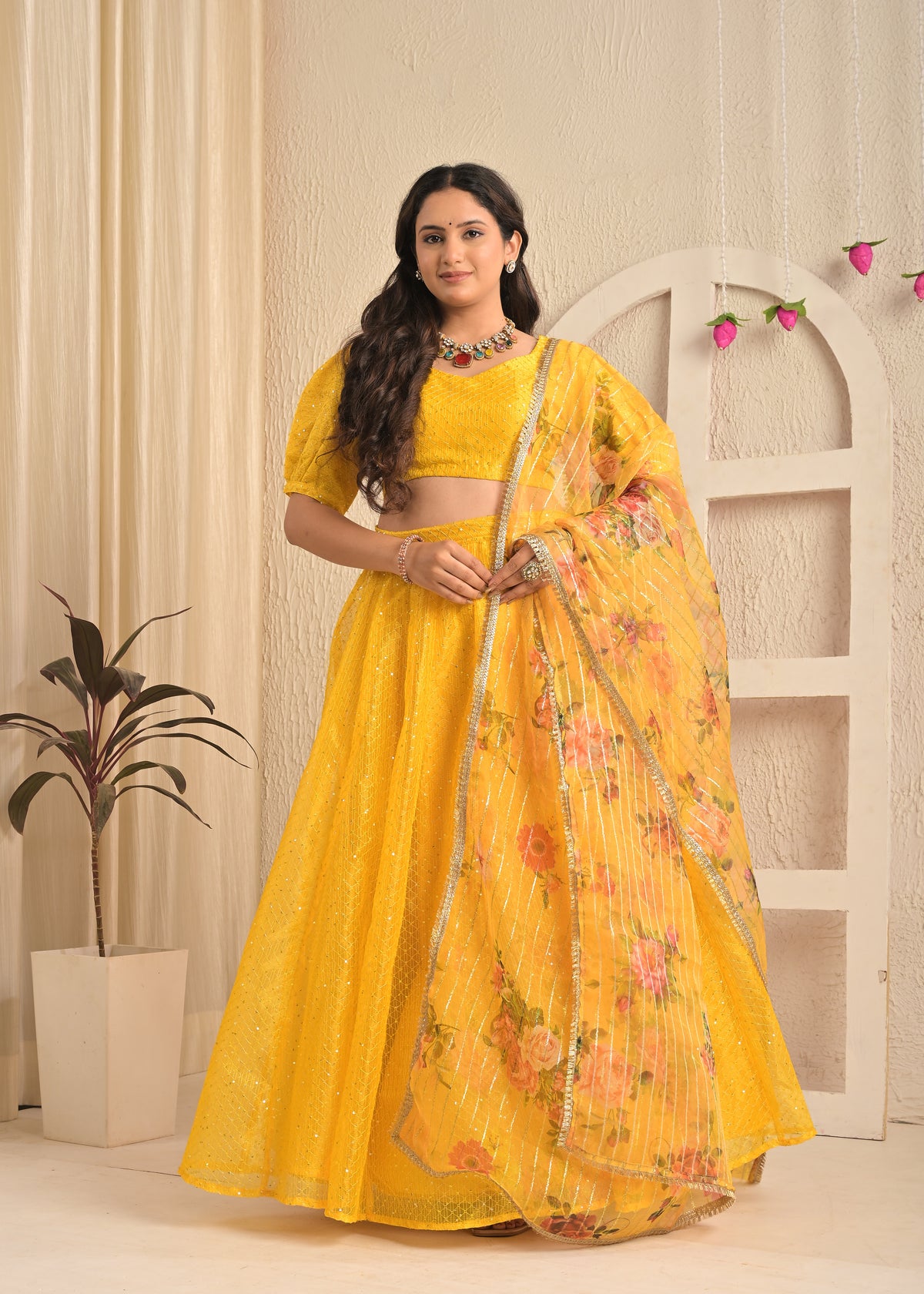 Golden Marigold Organza Sequin Embroidered Lehenga Set with Floral Dupatta