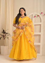 Golden Marigold Organza Sequin Embroidered Lehenga Set with Floral Dupatta