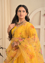 Golden Marigold Organza Sequin Embroidered Lehenga Set with Floral Dupatta