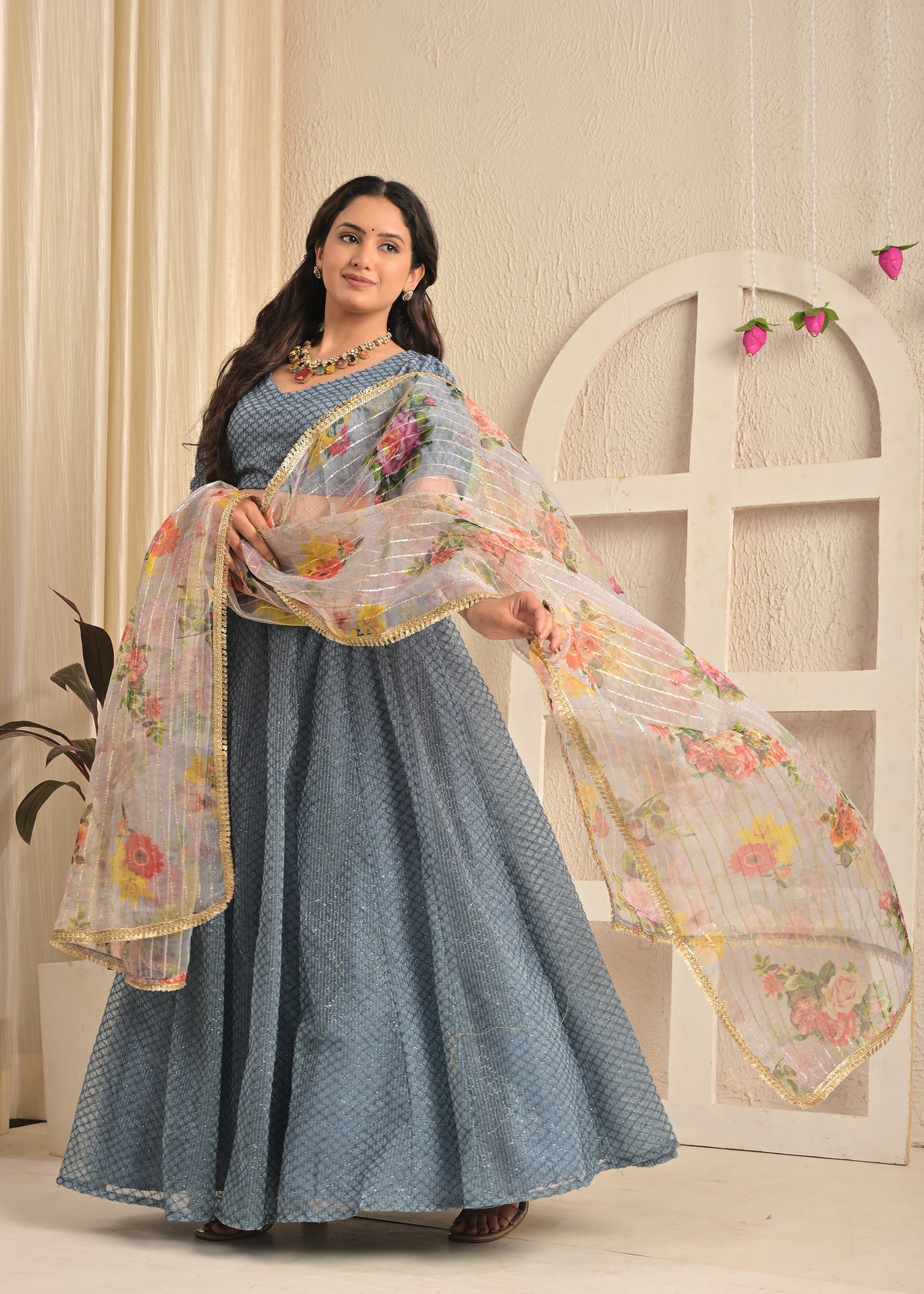 Smoky Blue Net Sequin Embroidered Lehenga Set with Floral Dupatta