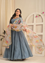 Smoky Blue Net Sequin Embroidered Lehenga Set with Floral Dupatta