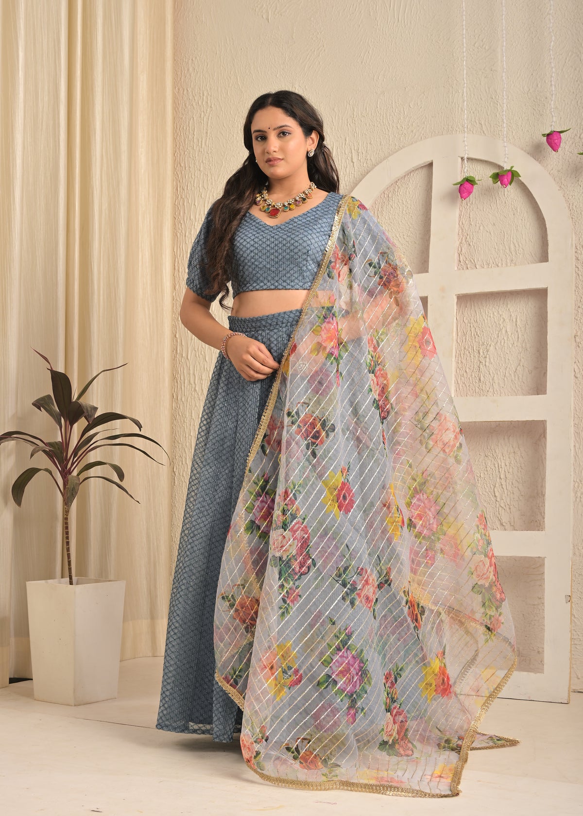 Smoky Blue Net Sequin Embroidered Lehenga Set with Floral Dupatta