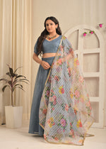 Smoky Blue Net Sequin Embroidered Lehenga Set with Floral Dupatta