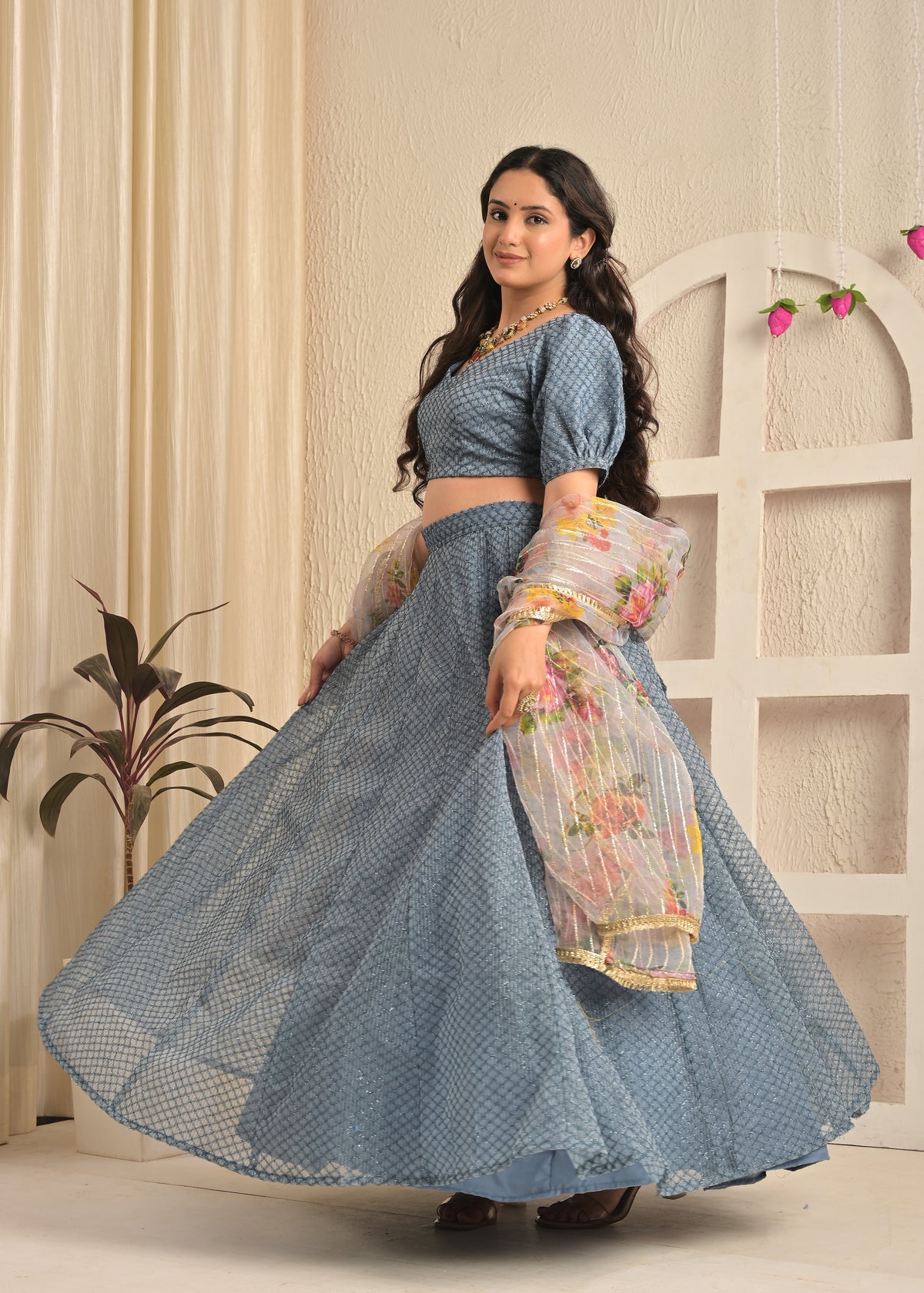 Smoky Blue Net Sequin Embroidered Lehenga Set with Floral Dupatta