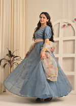 Smoky Blue Net Sequin Embroidered Lehenga Set with Floral Dupatta