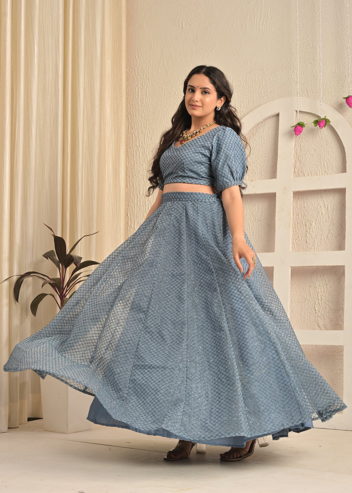 Smoky Blue Net Sequin Embroidered Lehenga Set with Floral Dupatta
