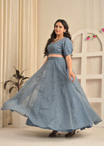 Smoky Blue Net Sequin Embroidered Lehenga Set with Floral Dupatta
