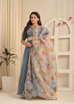 Smoky Blue Net Sequin Embroidered Lehenga Set with Floral Dupatta