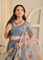 Smoky Blue Net Sequin Embroidered Lehenga Set with Floral Dupatta