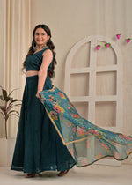 Midnight Teal Net Sequin Embroidered Lehenga Set with Floral Dupatta