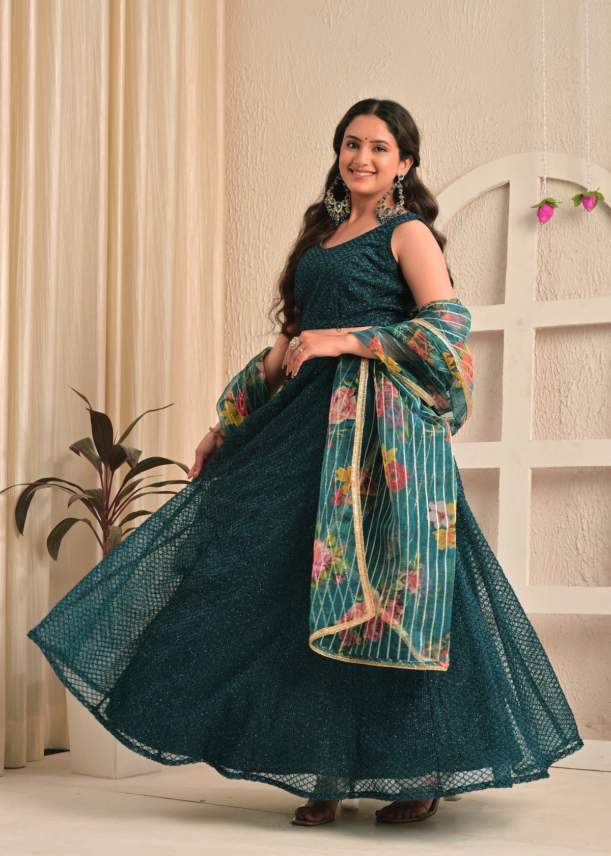 Midnight Teal Net Sequin Embroidered Lehenga Set with Floral Dupatta