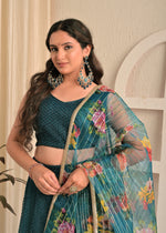 Midnight Teal Net Sequin Embroidered Lehenga Set with Floral Dupatta