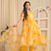 Golden Sunshine Organza Floral Anarkali Set with Dupatta
