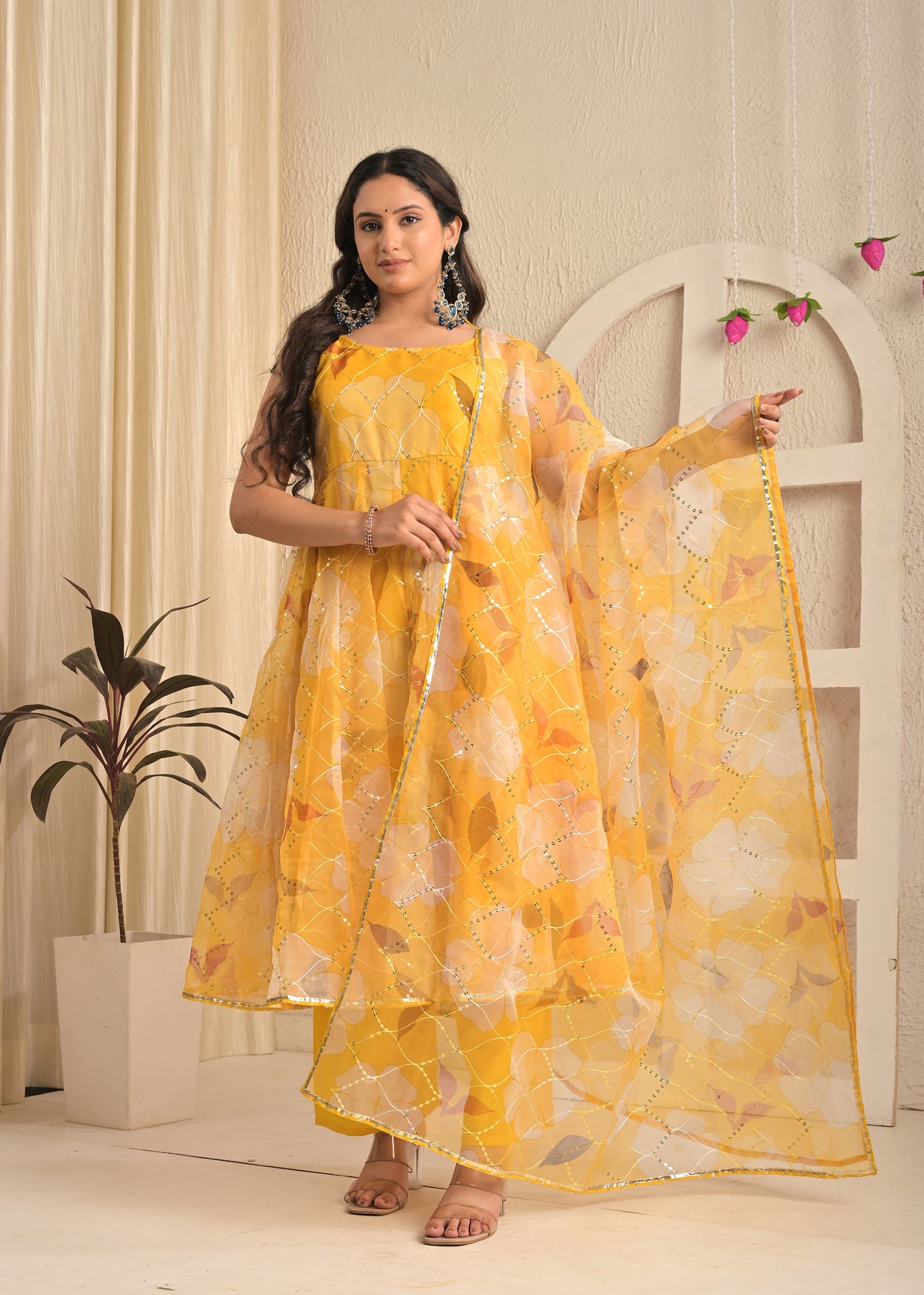 Golden Sunshine Organza Floral Anarkali Set with Dupatta