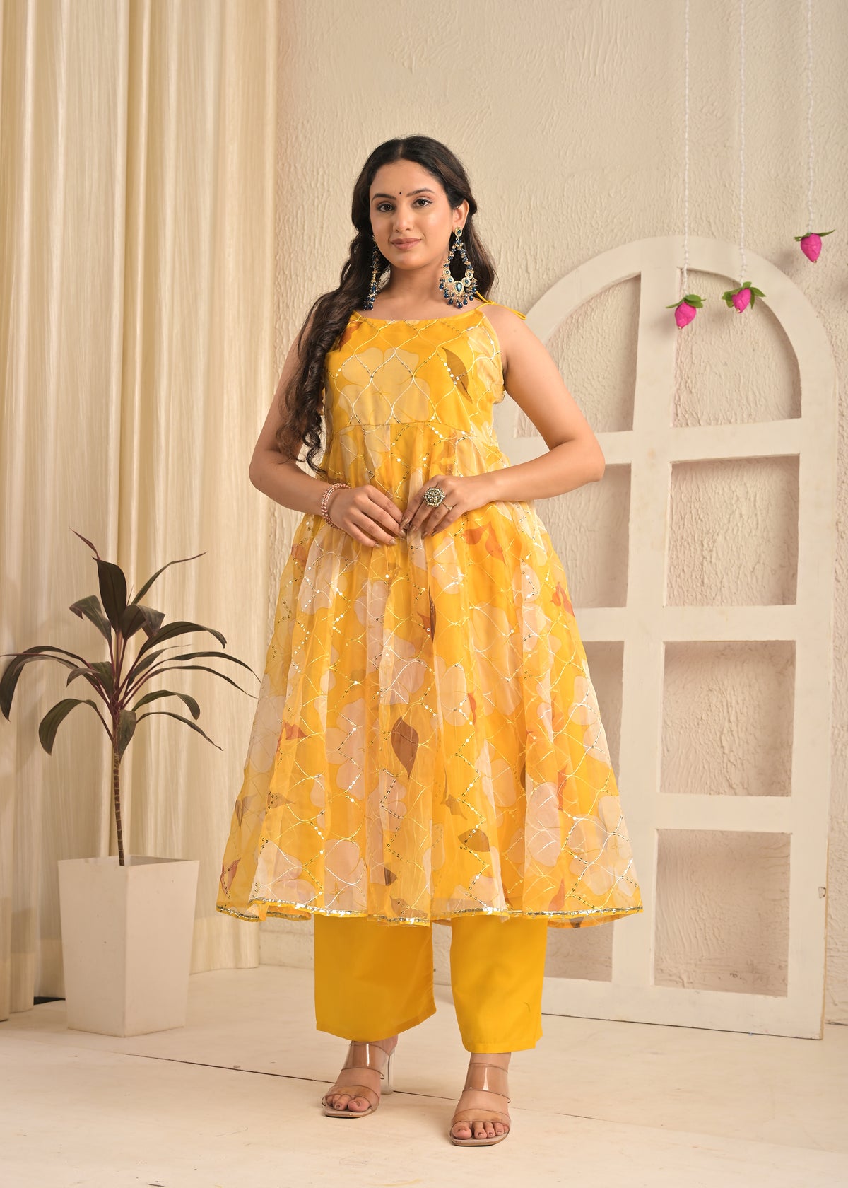 Golden Sunshine Organza Floral Anarkali Set with Dupatta