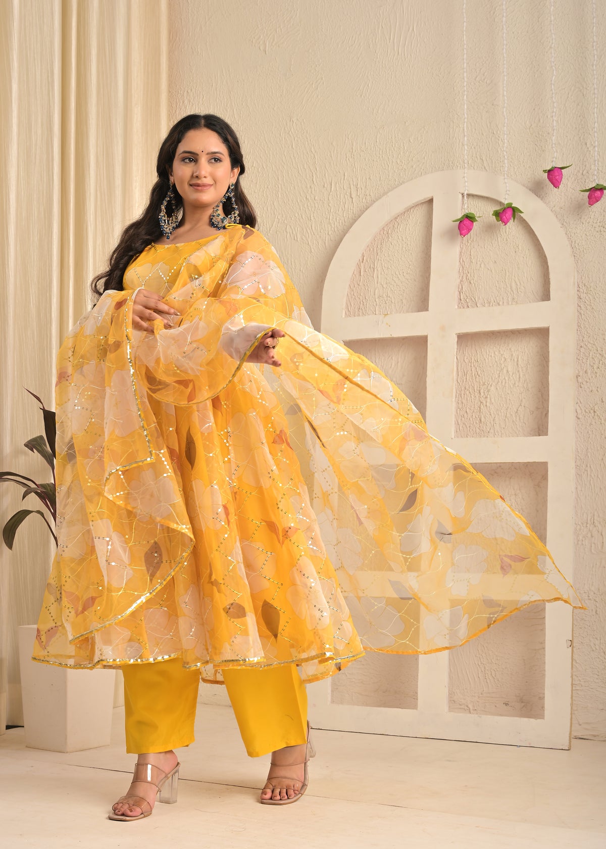 Golden Sunshine Organza Floral Anarkali Set with Dupatta