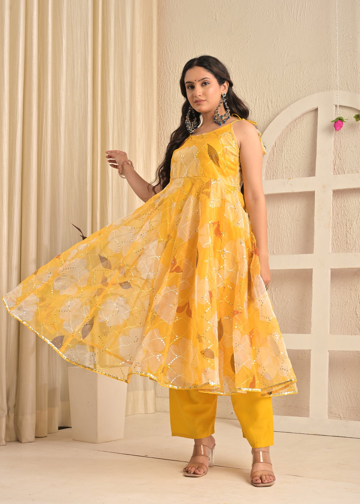 Golden Sunshine Organza Floral Anarkali Set with Dupatta