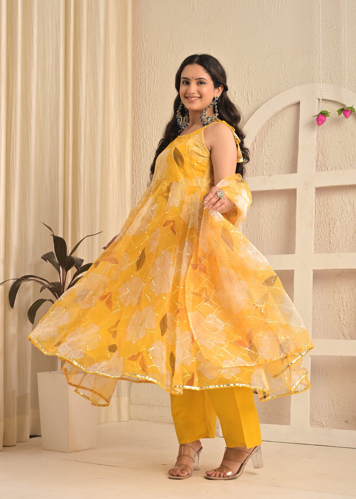 Golden Sunshine Organza Floral Anarkali Set with Dupatta