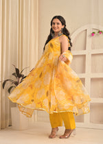 Golden Sunshine Organza Floral Anarkali Set with Dupatta