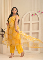 Golden Sunshine Organza Floral Kurta Set with Dupatta