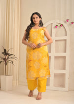 Golden Sunshine Organza Floral Kurta Set with Dupatta
