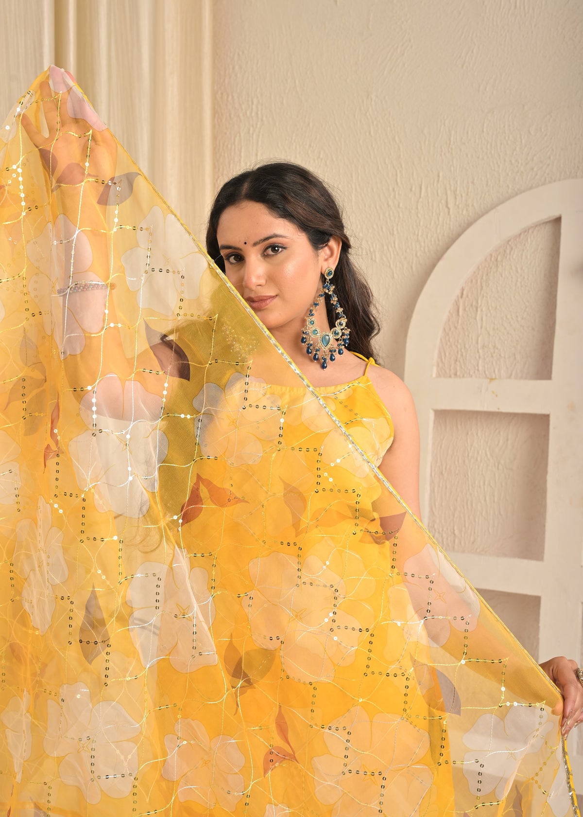 Golden Sunshine Organza Floral Kurta Set with Dupatta