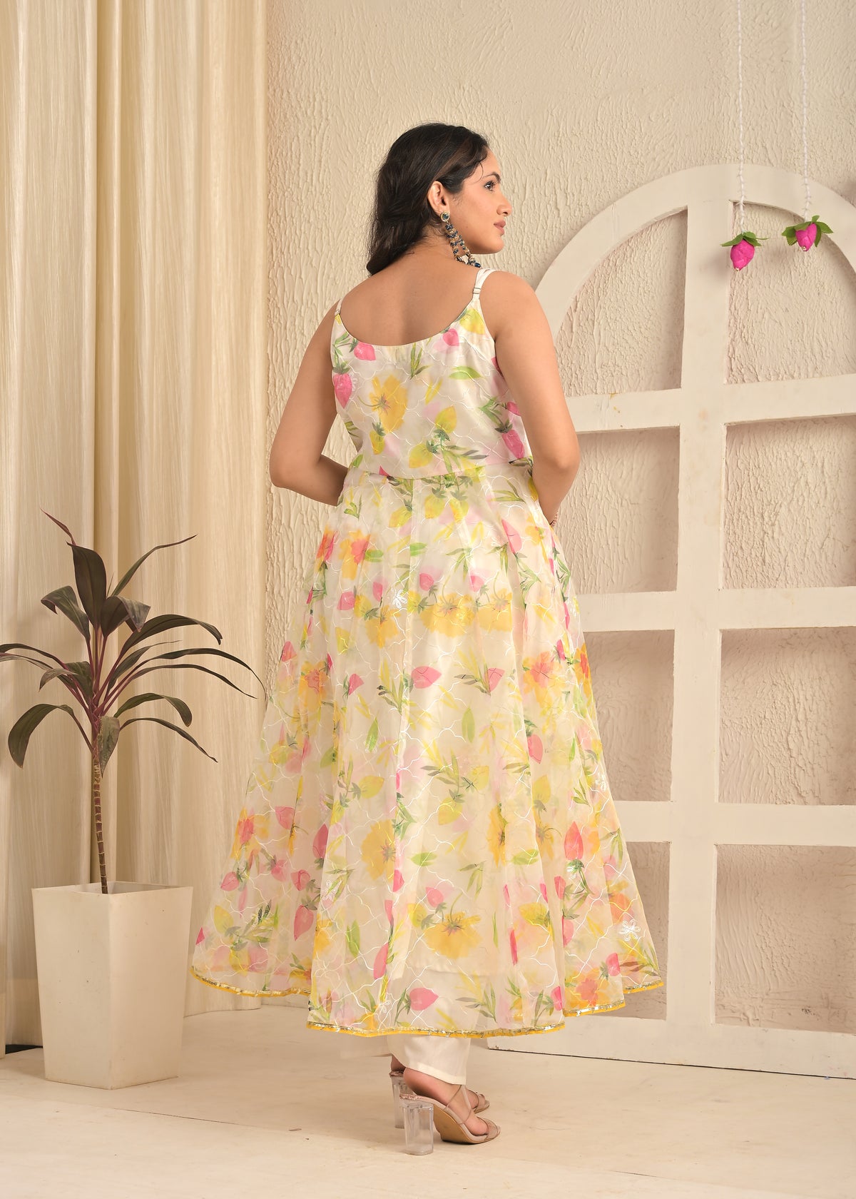 Ivory Bloom Organza Floral Anarkali Set with Dupatta