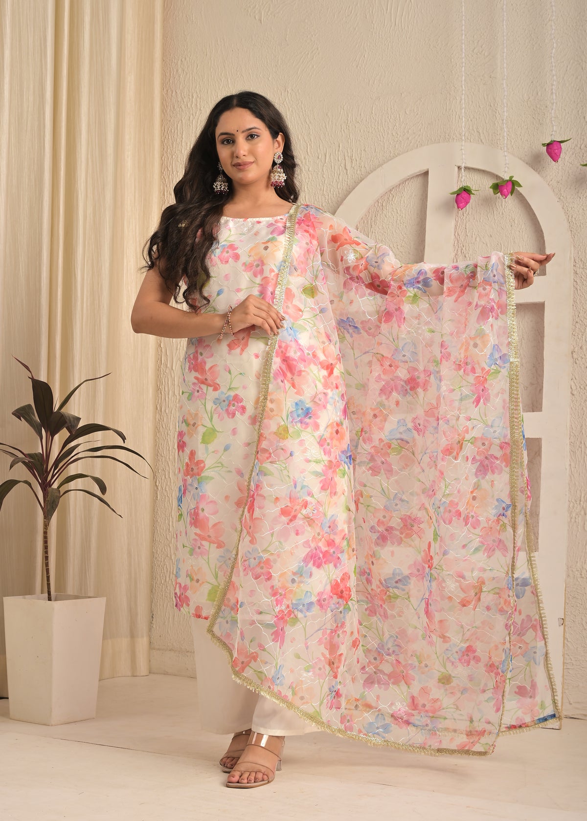 Ivory Meadow Organza Aari Embroidered Kurta Set with Dupatta