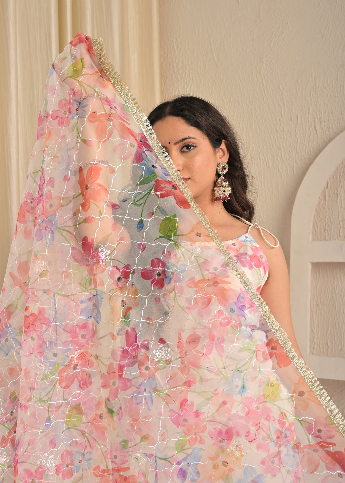 Ivory Meadow Organza Aari Embroidered Kurta Set with Dupatta