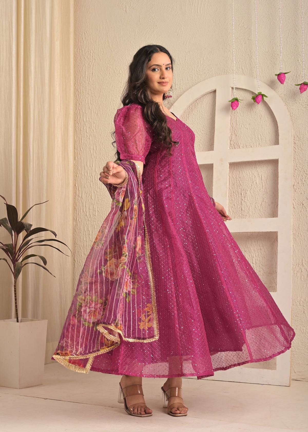 Magenta Shine Organza Sequin Embroidered Gown with Dupatta