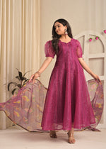 Magenta Shine Organza Sequin Embroidered Gown with Dupatta