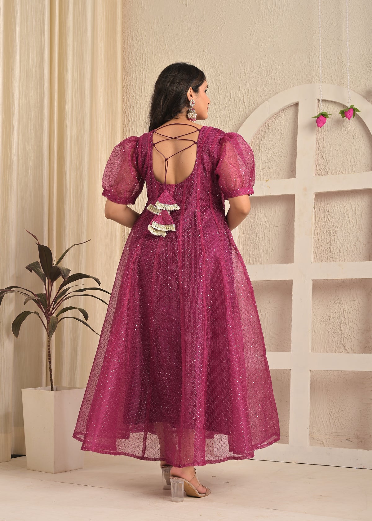 Magenta Shine Organza Sequin Embroidered Gown with Dupatta