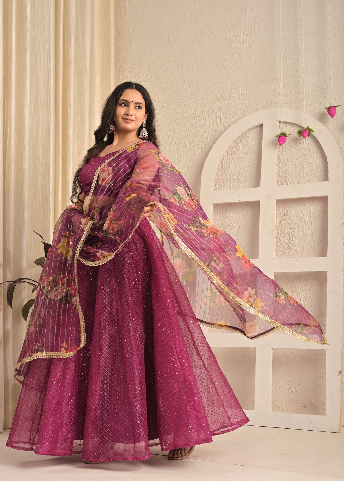 Viscose Organza Sequin Embroidered Lehenga Set with Floral Dupatta