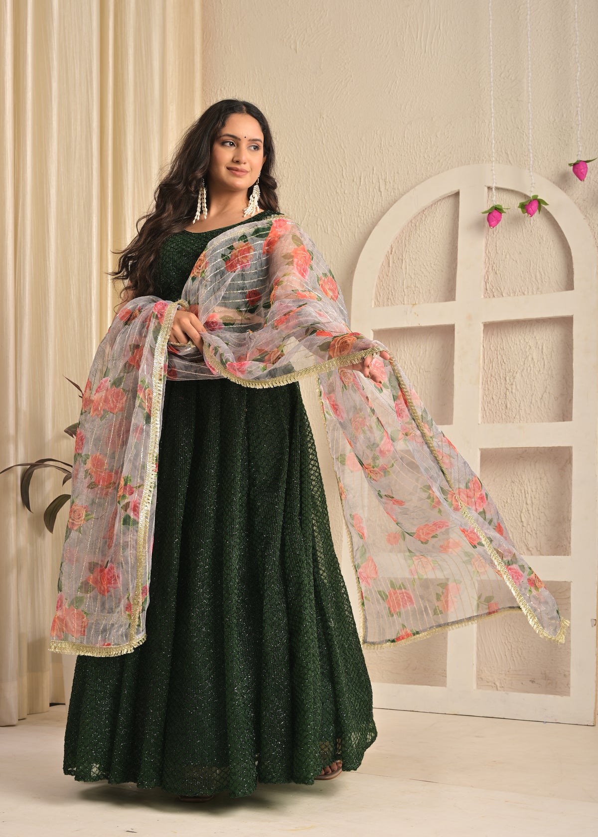 Emerald Bloom Net Feather Embroidered Lehenga Set with Dupatta