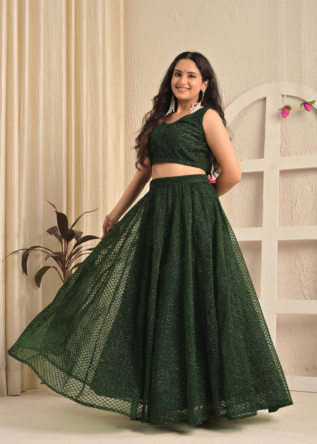 Emerald Bloom Net Feather Embroidered Lehenga Set with Dupatta