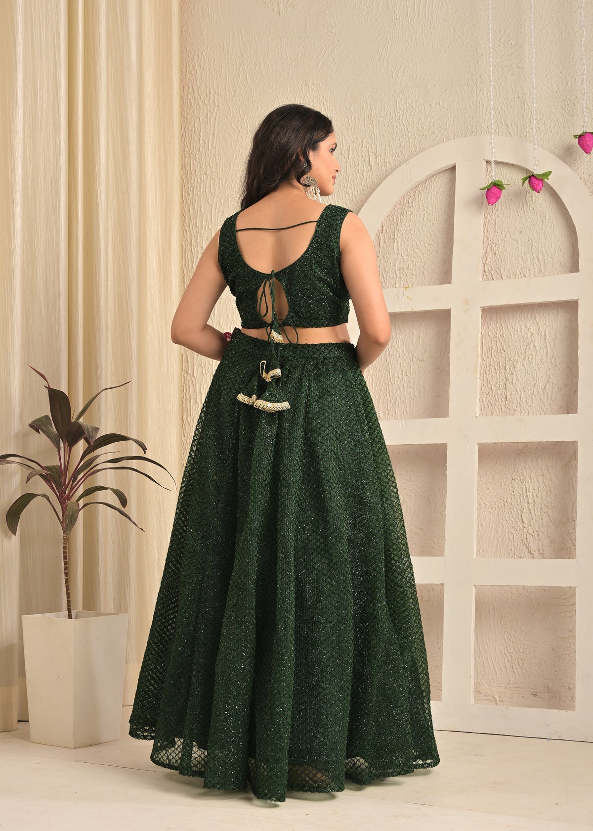 Emerald Bloom Net Feather Embroidered Lehenga Set with Dupatta