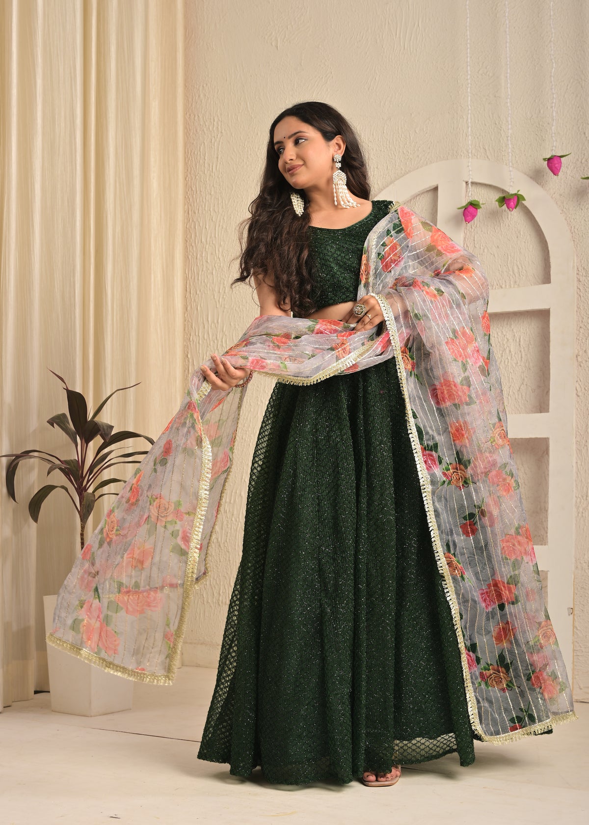 Emerald Bloom Net Feather Embroidered Lehenga Set with Dupatta
