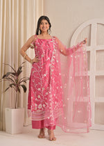 Rose Blush Organza Thread Embroidered Kurta Set with Farsi Salwar and Dupatta