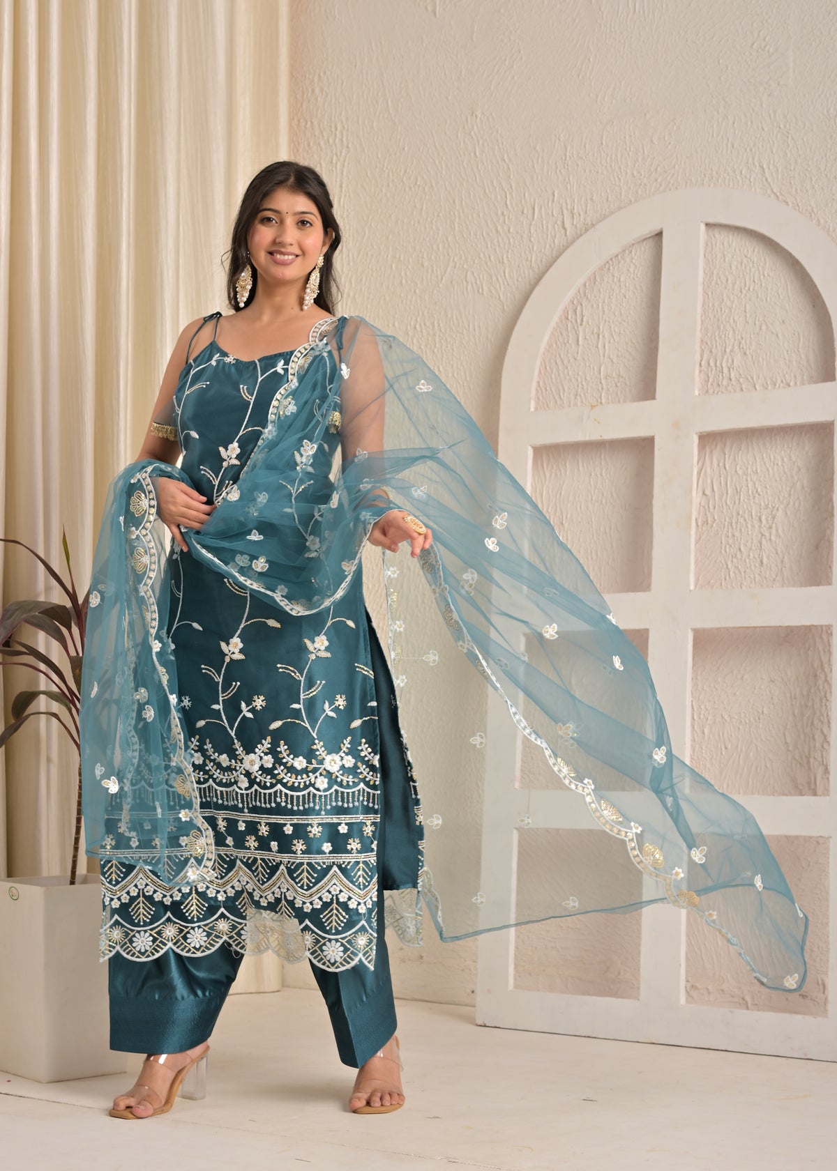 Aqua Bloom Satin Heavy Embroidered Kurta Set with Farsi Salwar and Dupatta